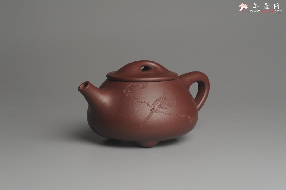 紫砂壶图片：美壶特惠 经典平盖小石瓢 满瓢（景舟石瓢）子木刻绘枯枝鸟 - 美壶网