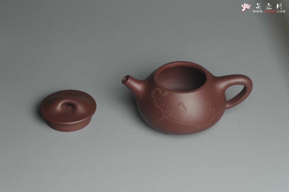 紫砂壶图片：美壶特惠 经典平盖小石瓢 满瓢（景舟石瓢）子木刻绘枯枝鸟 - 美壶网
