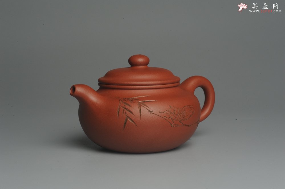 紫砂壶图片：美壶特惠 精致小仿古 子陶刻竹子和知了 寓意知足常乐 茶人醉爱 养后温润如玉 - 美壶网