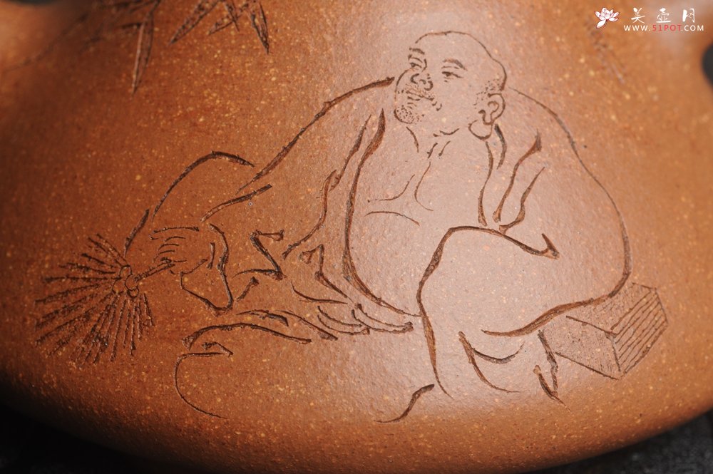 紫砂壶图片：油润五彩段泥 全手工薄胎精品子冶石瓢 难度大 骨肉匀挺 文气装饰高士乘凉图 无为 - 美壶网