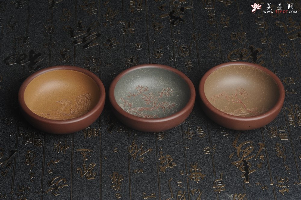 紫砂壶图片：美杯国庆特惠 精品好泥好工好刻雅致厚实品茗杯 主人杯 一套三只 送礼佳品 - 美壶网