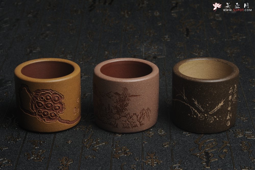 紫砂壶图片：美杯中秋特惠 精品好泥好工好刻雅致厚实品茗杯 缸杯 主人杯 一套三只 送礼佳品 - 美壶网