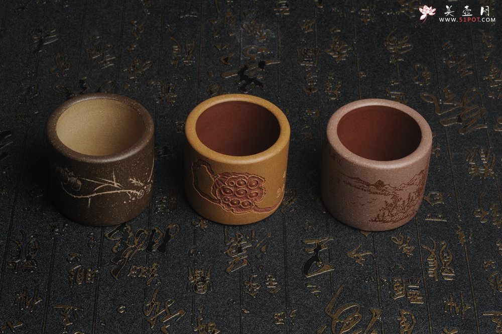 紫砂壶图片：美杯中秋特惠 精品好泥好工好刻雅致厚实品茗杯 缸杯 主人杯 一套三只 送礼佳品 - 美壶网
