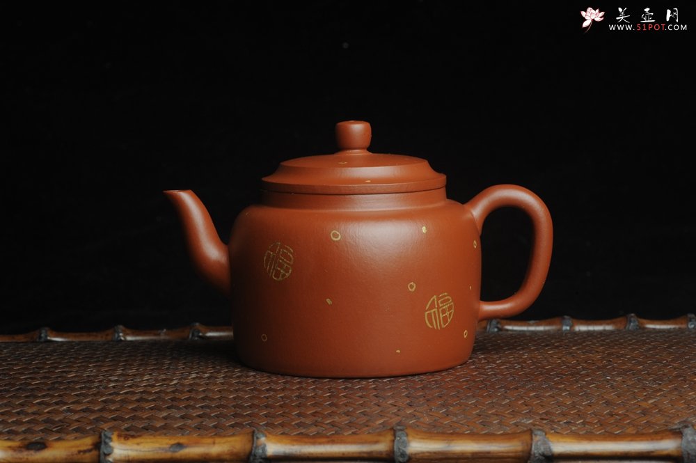紫砂壶图片：特好朱泥全手工描金平盖古莲子 - 美壶网
