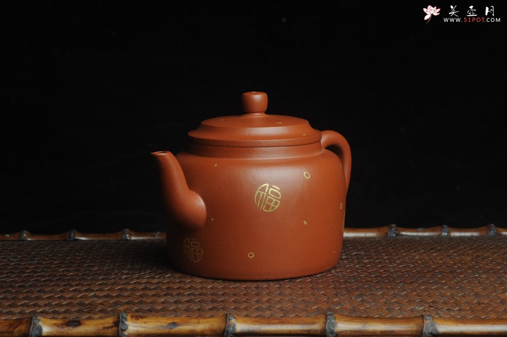 紫砂壶图片：特好朱泥全手工描金平盖古莲子 - 美壶网