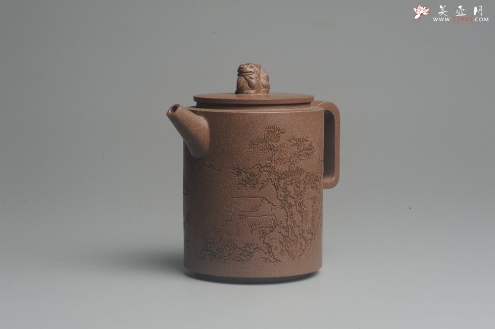 紫砂壶图片：美壶特惠 优质老段文人集狮壶 通景山水 灰常雅致 - 美壶网