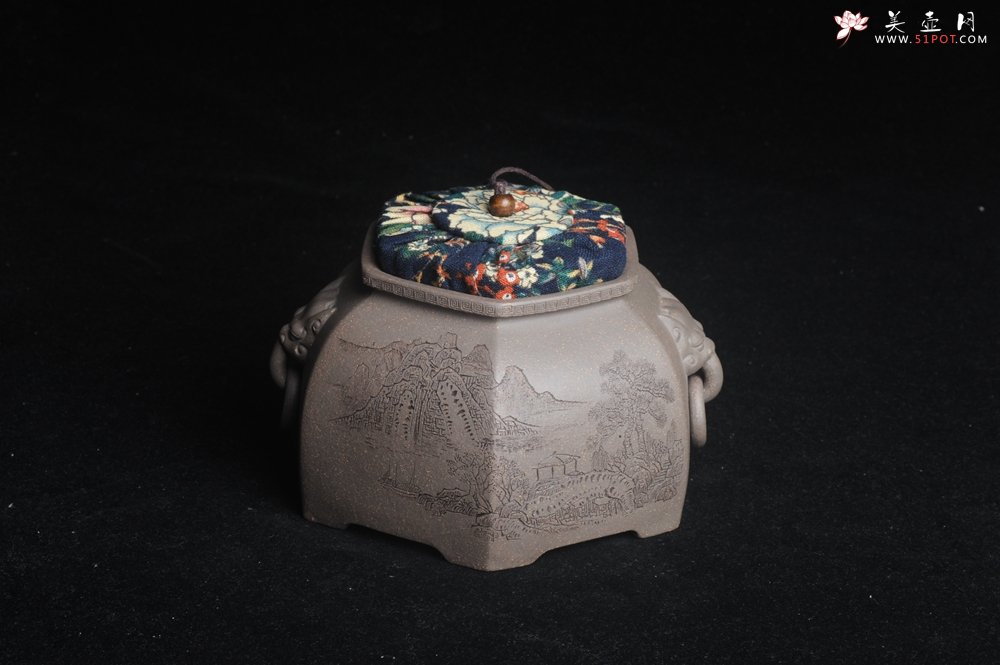 紫砂壶图片：精品特惠 助工老青段精品山水六方瑞兽双耳罐 茶仓 茶叶罐 水洗 - 美壶网