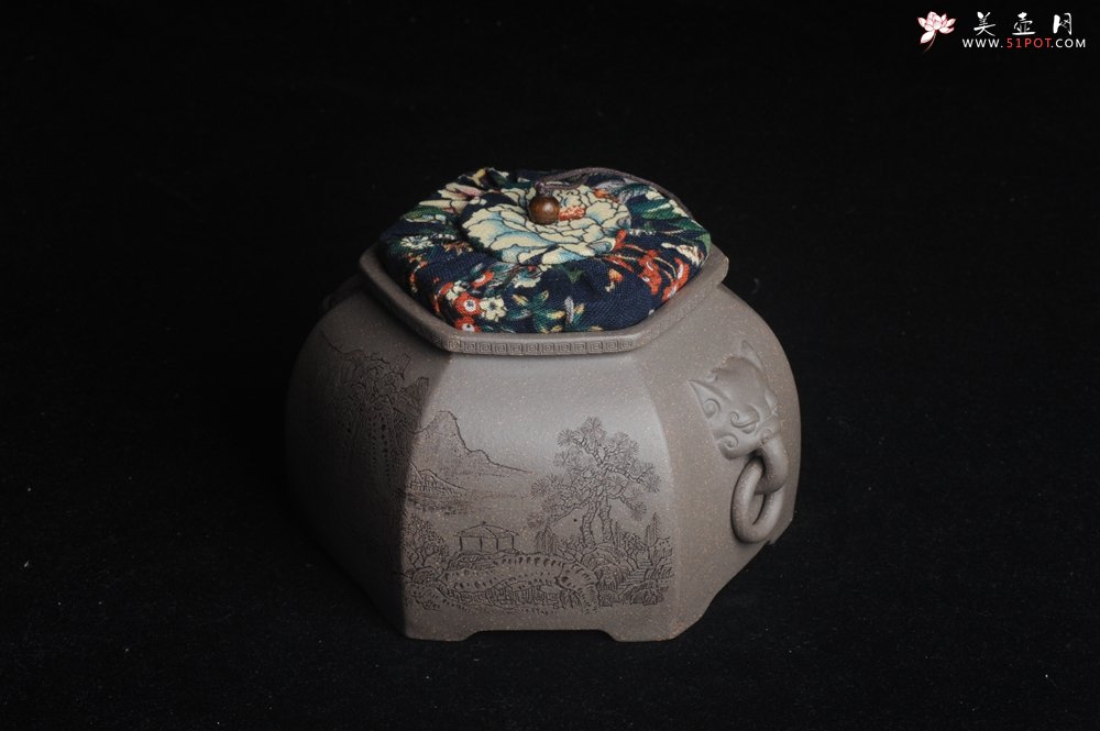 紫砂壶图片：精品特惠 助工老青段精品山水六方瑞兽双耳罐 茶仓 茶叶罐 水洗 - 美壶网