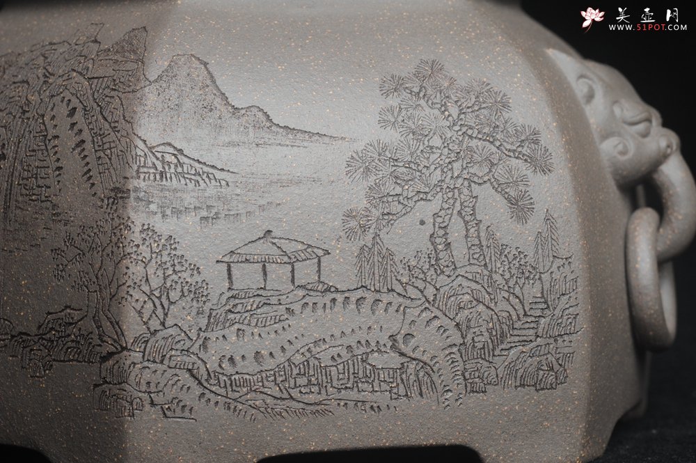 紫砂壶图片：精品特惠 助工老青段精品山水六方瑞兽双耳罐 茶仓 茶叶罐 水洗 - 美壶网