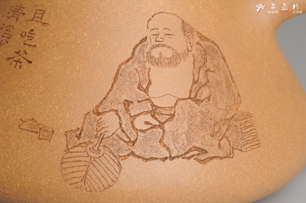 紫砂壶图片：油润老黄段泥(此泥料属于家藏老料！油润无比，识者自知！)全手工子冶石瓢 装饰人物 特文气 - 美壶网