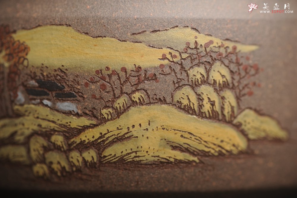 紫砂壶图片：美杯国庆特惠 精品好泥好工好刻雅致厚实泥绘山水主人杯 茶人醉爱 - 美壶网