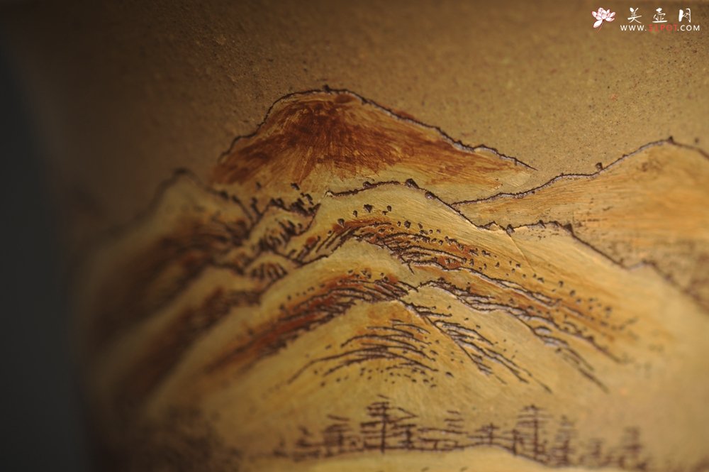 紫砂壶图片：美杯国庆特惠 精品好泥好工好刻雅致泥绘山水主人杯 茶人醉爱 - 美壶网