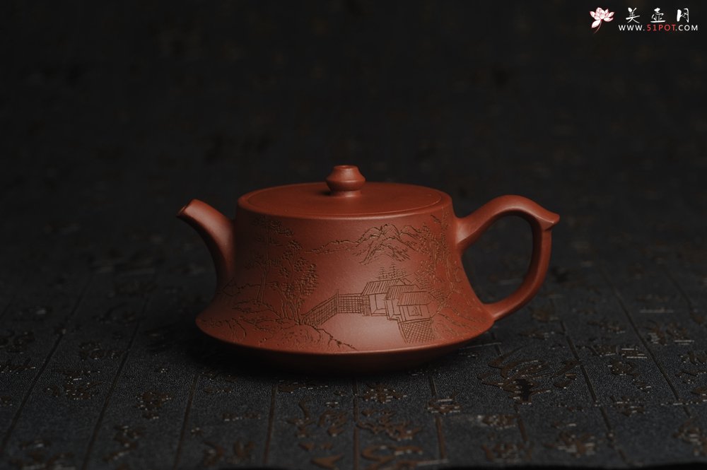 紫砂壶图片：美壶特惠 精致老清水泥通景山水曼生柱础壶 - 美壶网