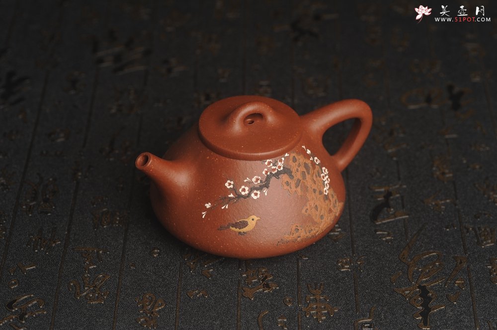 紫砂壶图片：美壶特惠 超精致特好降坡泥小品子冶石瓢 泥绘梅花鸟 特文气 - 美壶网