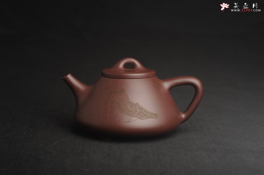 紫砂壶图片：油润底曹青 全手工特好子冶石瓢 装饰人物 特文气 - 美壶网