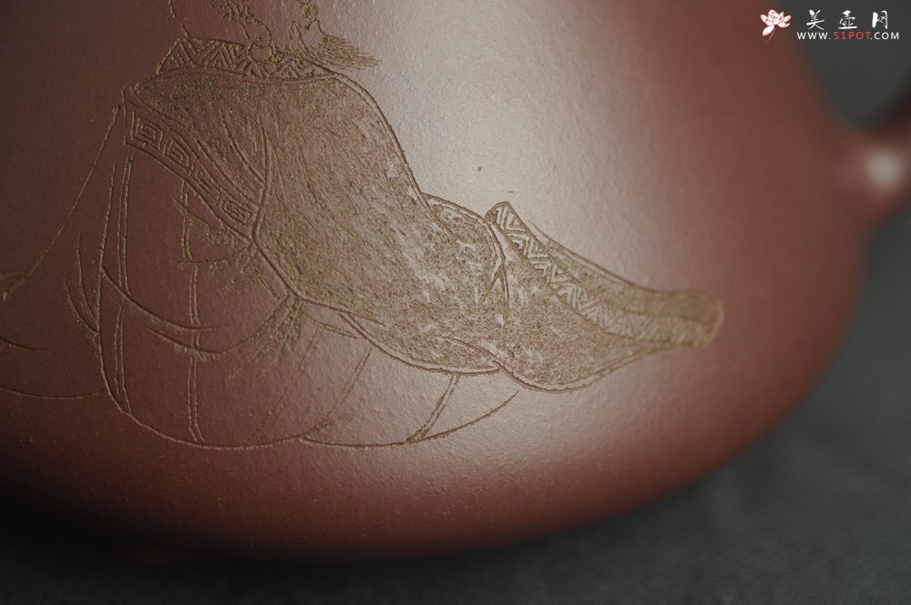 紫砂壶图片：油润底曹青 全手工特好子冶石瓢 装饰人物 特文气 - 美壶网