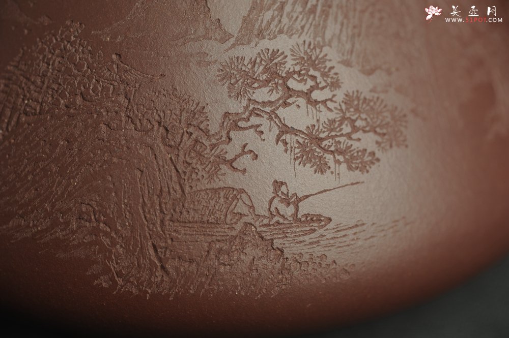 紫砂壶图片：油润底曹青 全手工特好子冶石瓢 强强联合工艺师刘彦飞装饰山水图 特文气 - 美壶网