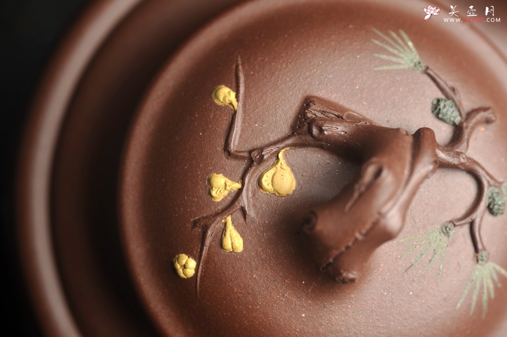 紫砂壶图片：美壶特惠 超精致紫泥松竹梅 竹鼓壶 - 美壶网