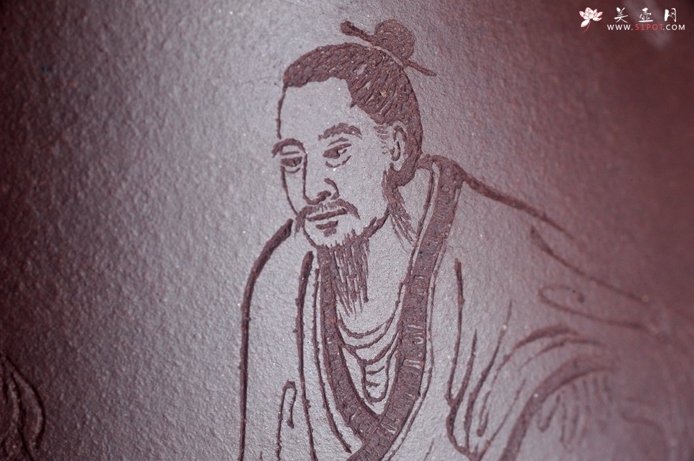 紫砂壶图片：实力派工艺师周斌 优质底槽青全手工精工 子冶石瓢壶 张听钢装饰人物 平生衣食随缘好 过得清闲便是仙 - 美壶网