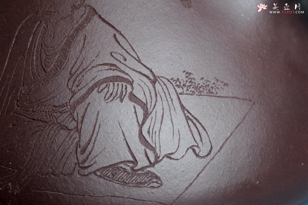 紫砂壶图片：实力派工艺师周斌 优质底槽青全手工精工 子冶石瓢壶 张听钢装饰人物 平生衣食随缘好 过得清闲便是仙 - 美壶网