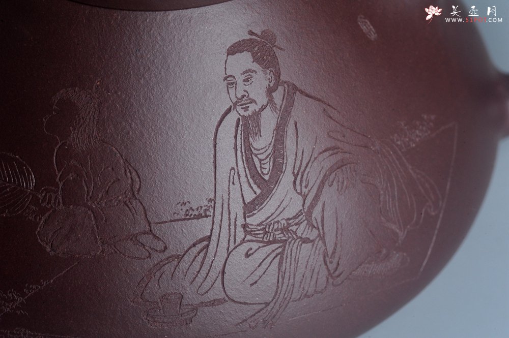 紫砂壶图片：实力派工艺师周斌 优质底槽青全手工精工 子冶石瓢壶 张听钢装饰人物 平生衣食随缘好 过得清闲便是仙 - 美壶网