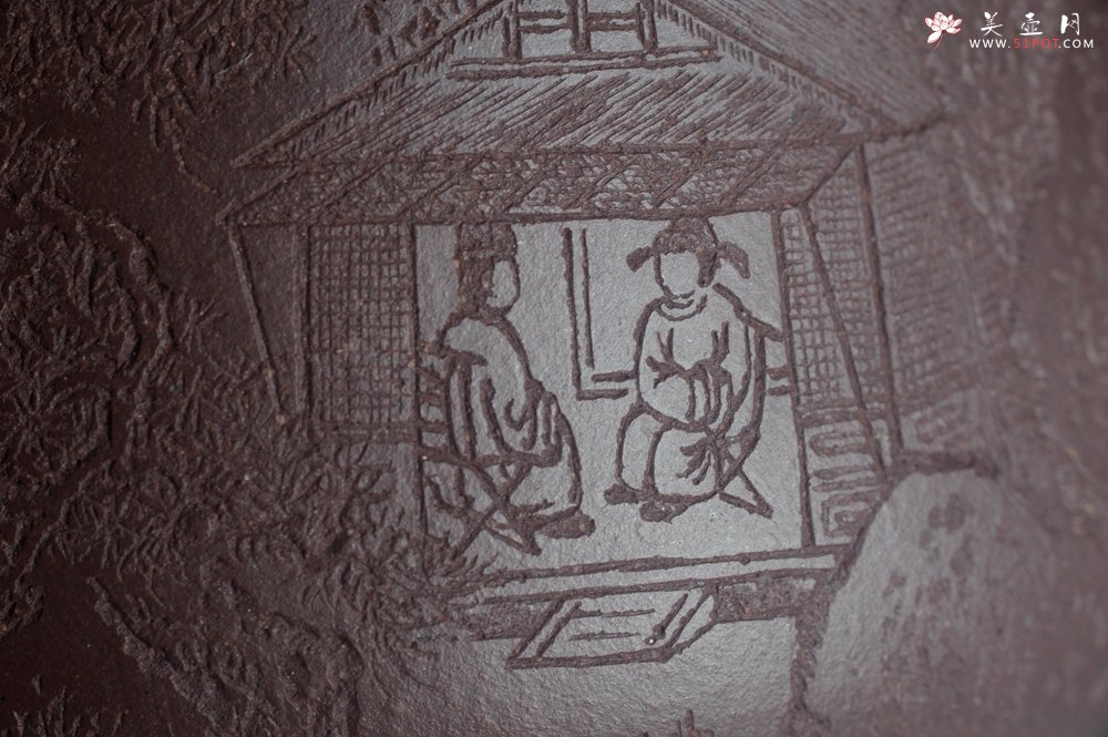 紫砂壶图片：实力派工艺师周斌 优质底槽青全手工精工 满瓢壶 张听钢装饰山水 好山一窗足 佳景四时宜 - 美壶网