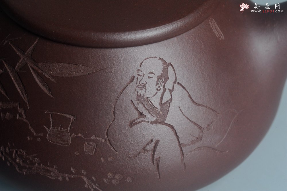 紫砂壶图片：实力派工艺师周斌 优质底槽青全手工精工满瓢壶 陶兴双刀装饰 特文气 玉壶写新竹 烹泉试乳茶 - 美壶网