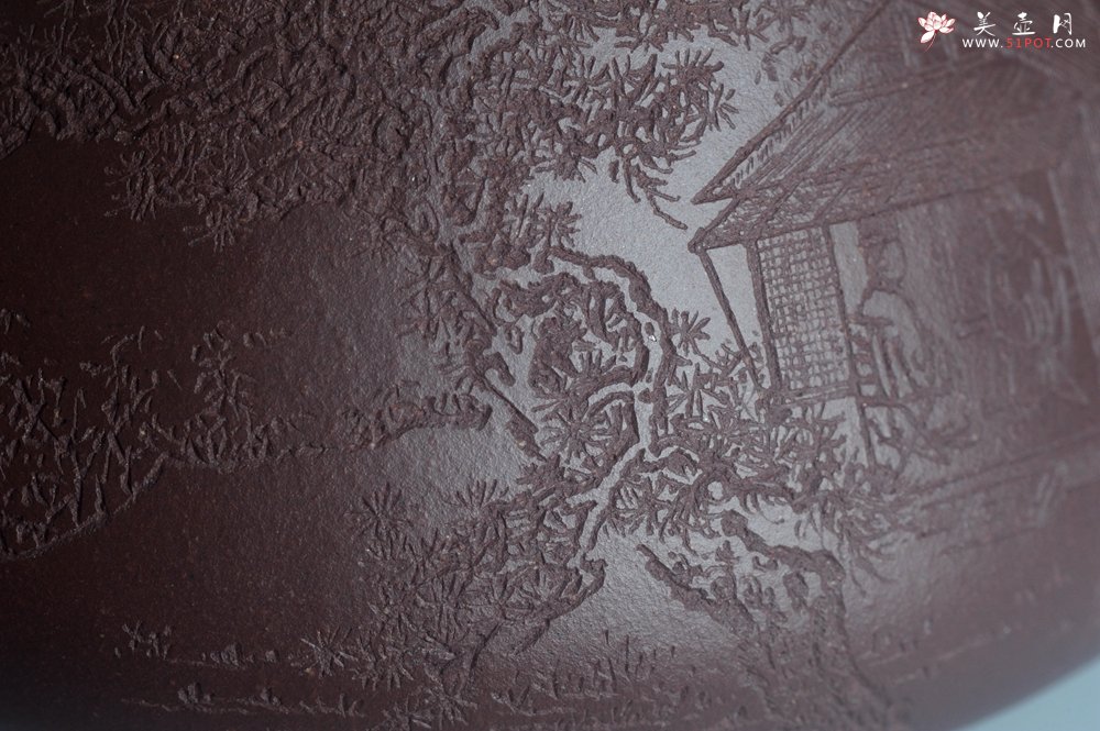 紫砂壶图片：实力派工艺师周斌 优质底槽青全手工精工 满瓢壶 张听钢装饰山水 好山一窗足 佳景四时宜 - 美壶网