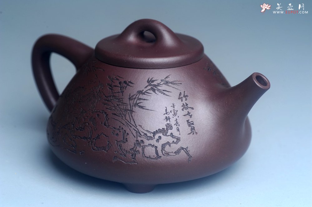 紫砂壶图片：实力派工艺师周斌优质底槽清全手工精工子冶石瓢 装饰竹林七贤 特文气 - 美壶网