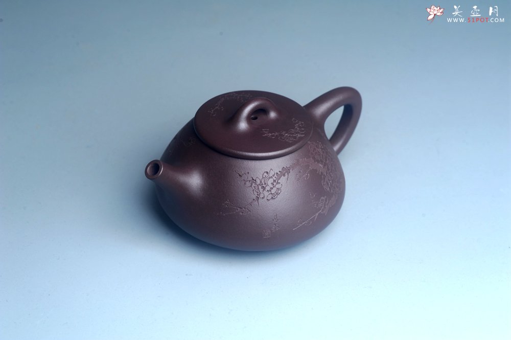 紫砂壶图片：油润底曹青 全手工石瓢壶 装饰喜上眉梢 特文气 - 美壶网