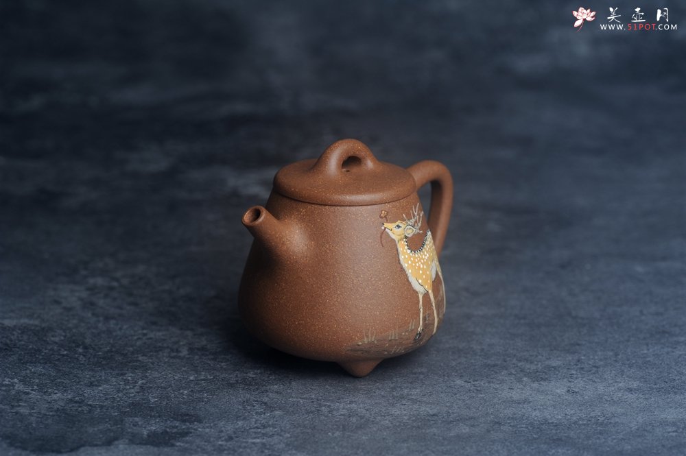 紫砂壶图片：美壶特惠 潜力股王静然 精致老段泥高石瓢 泥绘梅花鹿 特文气 呦呦鹿鸣食野之苹 - 美壶网