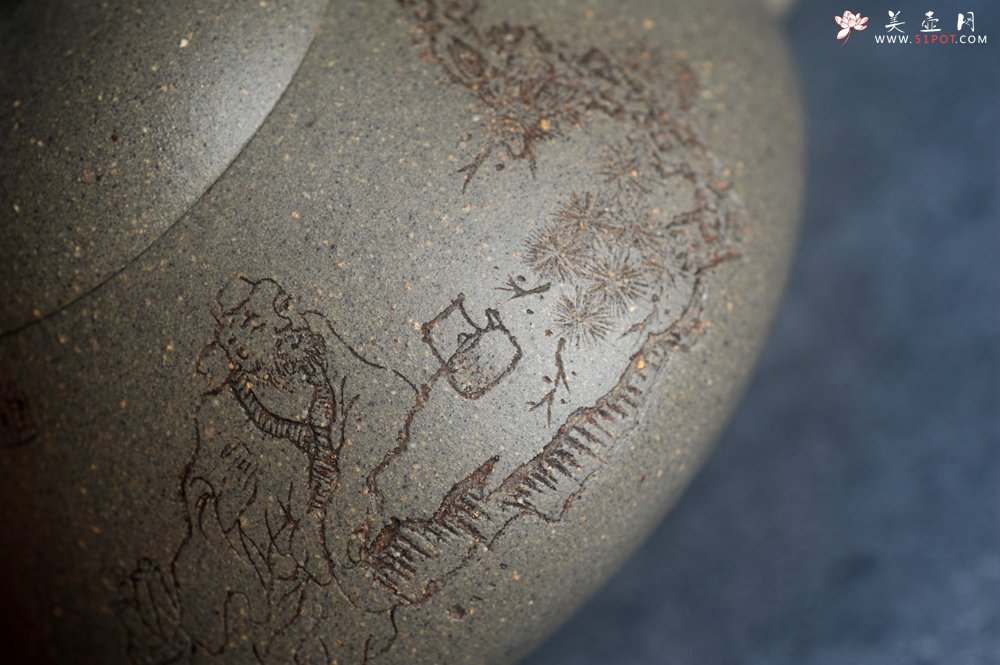 紫砂壶图片：美壶特惠 美壶网特供限量极品高温四号井老青段 精工乳瓢茶壶 装饰人物 特文气 - 美壶网