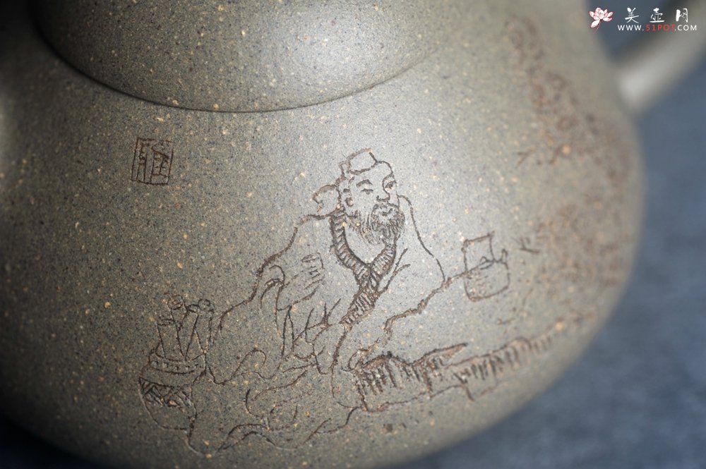 紫砂壶图片：美壶特惠 美壶网特供限量极品高温四号井老青段 精工乳瓢茶壶 装饰人物 特文气 - 美壶网