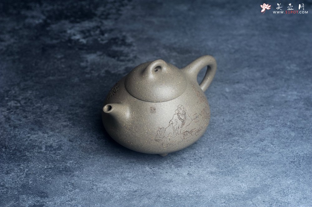 紫砂壶图片：美壶特惠 美壶网特供限量极品高温四号井老青段 精工乳瓢茶壶 装饰人物 特文气 - 美壶网