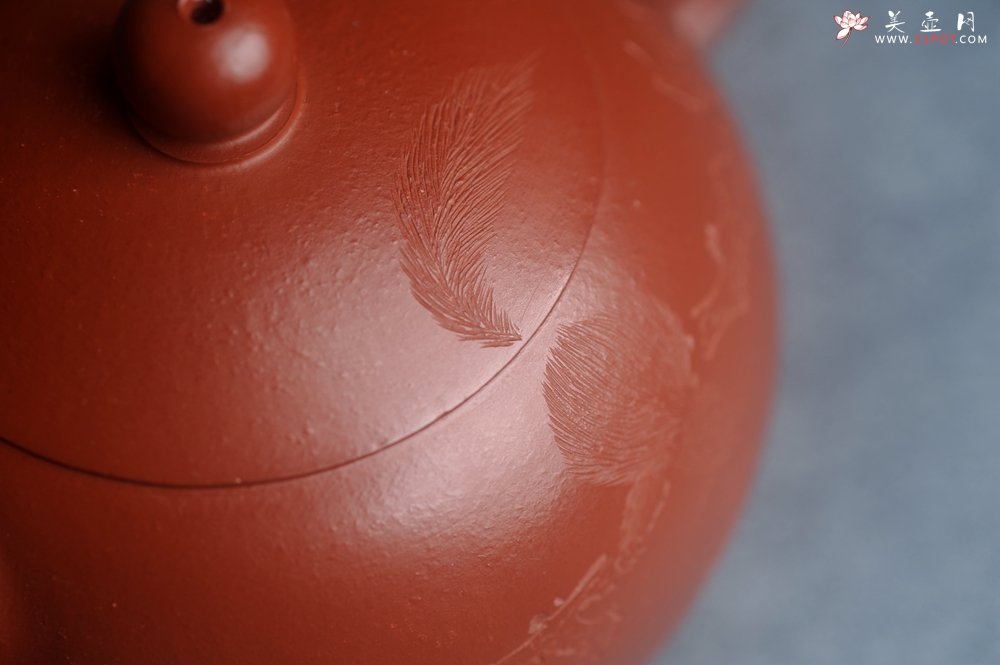 紫砂壶图片：美壶特惠紫砂壶优质朱泥扁西施壶 装饰松针松鼠 秋韵图 - 美壶网