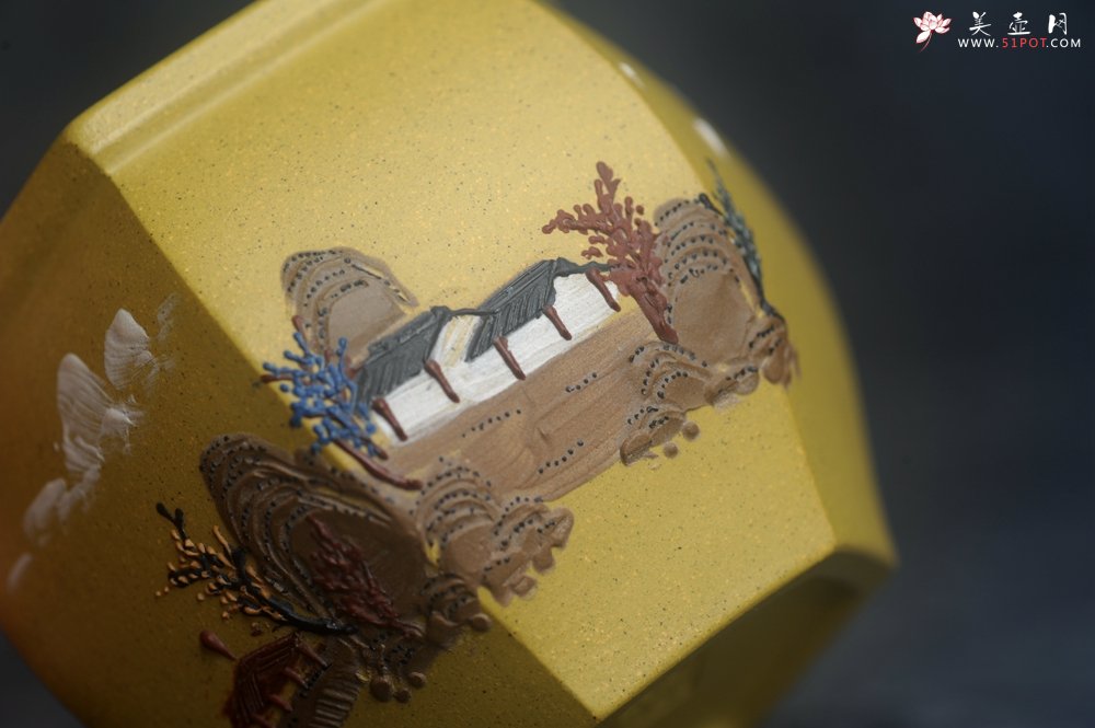 紫砂壶图片：美杯特惠 优质好料黄金段泥好工六方山水主人杯 - 美壶网
