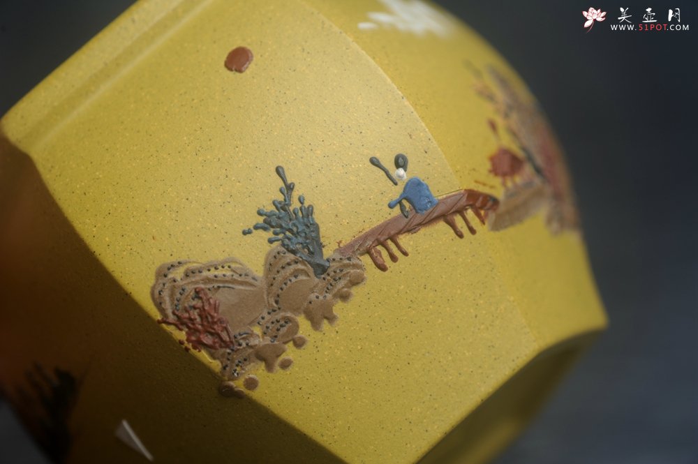 紫砂壶图片：美杯特惠 优质好料黄金段泥好工六方山水主人杯 - 美壶网