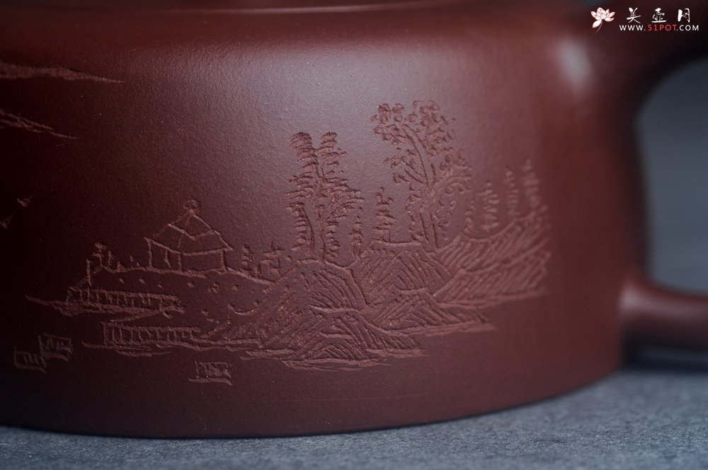 紫砂壶图片：美壶特惠精工大井栏 装饰山水 特文气 - 美壶网