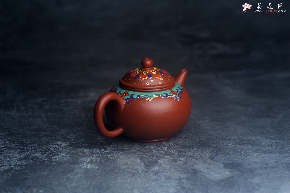 紫砂壶图片：美壶特惠 优质朱泥宫廷风格珐琅彩水平壶 茶人醉爱 - 美壶网
