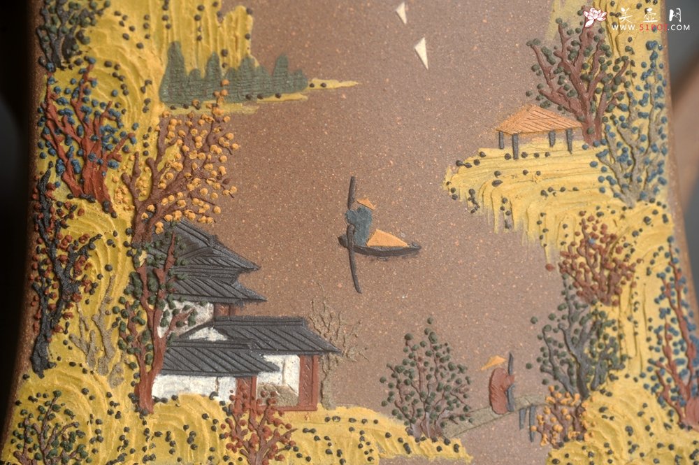 紫砂壶图片：美壶特惠 特好老段泥方钟壶 泥绘山水特文气 - 美壶网