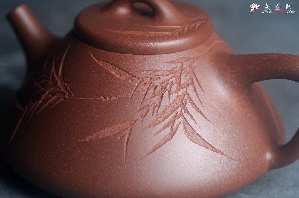 紫砂壶图片：美壶特惠 特好老紫泥子冶石瓢 范小君徒装饰君子竹  寒夜客来茶当酒 竹炉汤沸火初红 - 美壶网