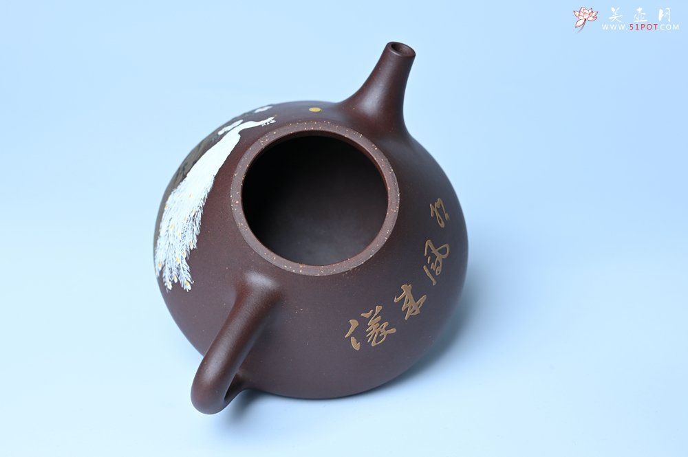 紫砂壶图片：实力派工艺师周斌全手工紫玉金砂子冶石瓢 刻绘孔雀 特文气 - 美壶网