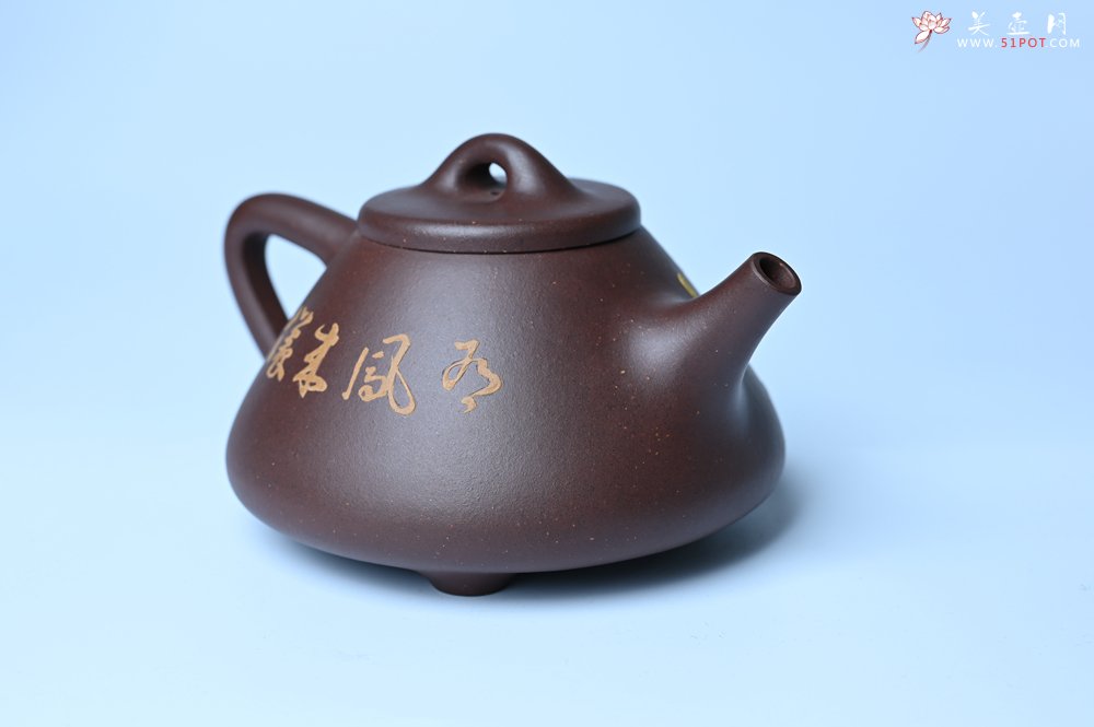 紫砂壶图片：实力派工艺师周斌全手工紫玉金砂子冶石瓢 刻绘孔雀 特文气 - 美壶网