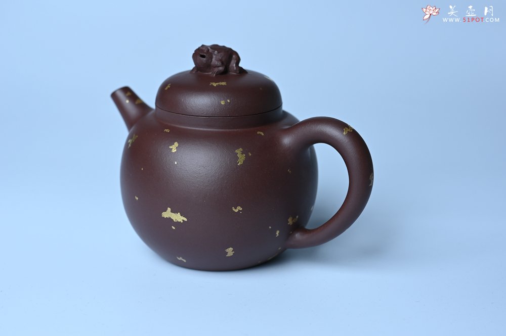 紫砂壶图片：潜力股周小培 全手工原创招财壶200cc 金蟾屹立于壶盖 撒金工艺铺满壶身 寓意黄金落满地 招财进宝 - 美壶网