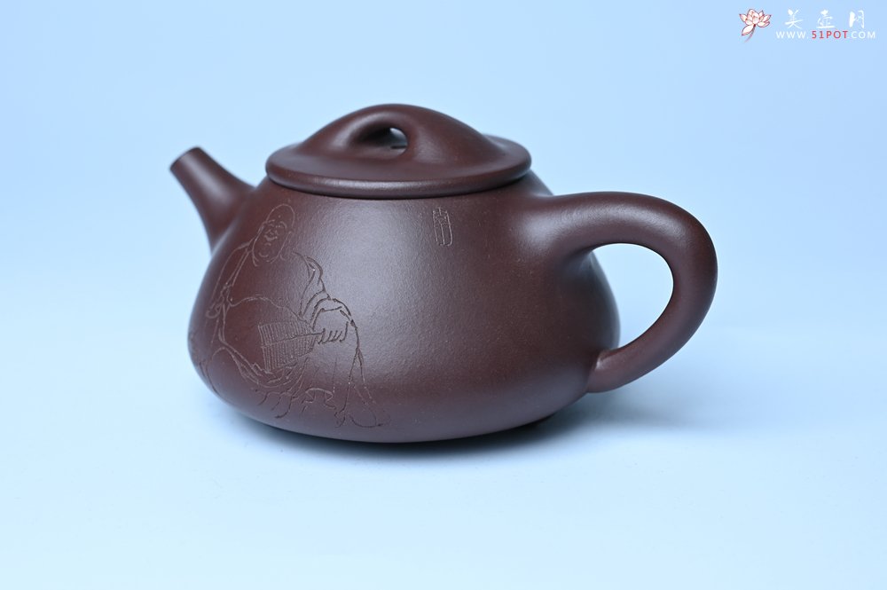 紫砂壶图片：油润底曹青 全手工景舟小石瓢 装饰人物 特文气 - 美壶网