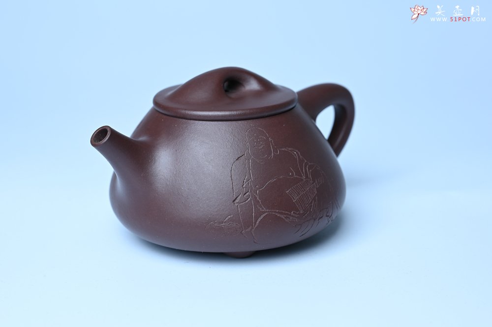 紫砂壶图片：油润底曹青 全手工景舟小石瓢 装饰人物 特文气 - 美壶网