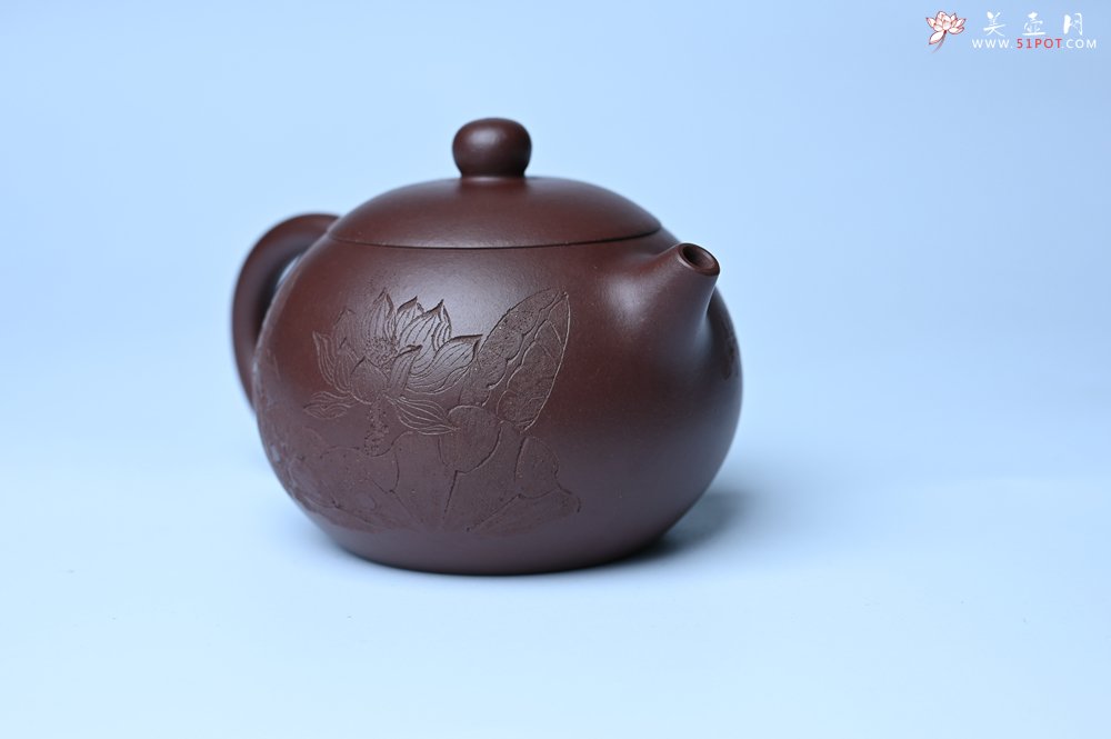 紫砂壶图片：油润底曹青 全手工西施茶壶 玉洁冰清 接天莲叶无穷碧 映日荷花别样红 - 美壶网