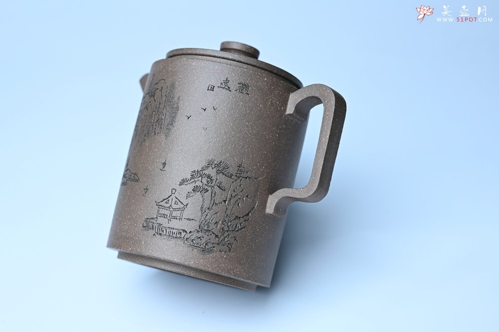 紫砂壶图片：美壶特惠 蠡墅大水潭深井老天青泥 精致圆础壶 装饰山水 茶人醉爱 - 美壶网