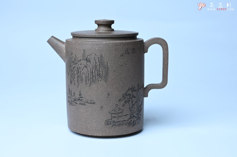 紫砂壶图片：美壶特惠 蠡墅大水潭深井老天青泥 精致圆础壶 装饰山水 茶人醉爱 - 美壶网