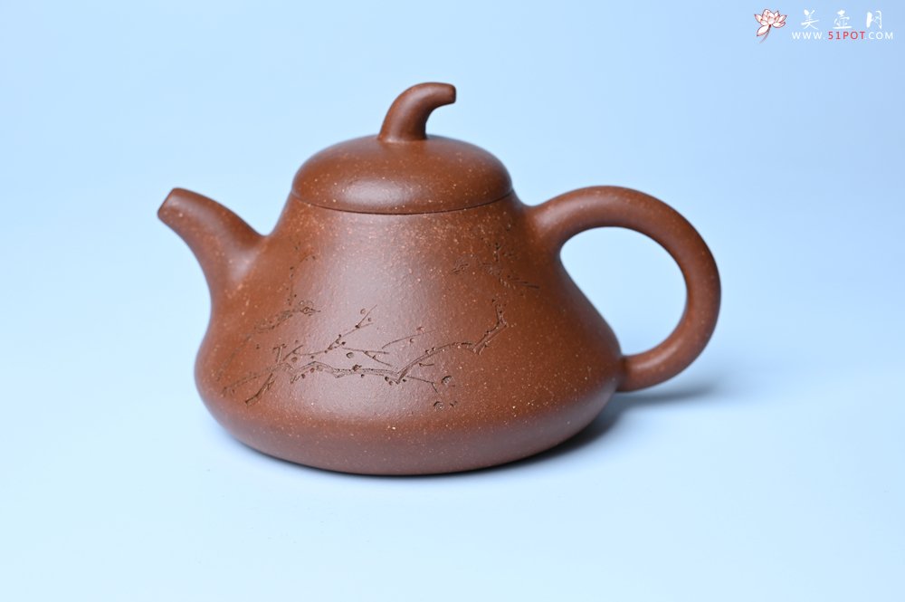 紫砂壶图片：美壶特惠 潜力股王老师 全手工拍打成型茄瓢壶 装饰枯枝鸟 特文气 - 美壶网